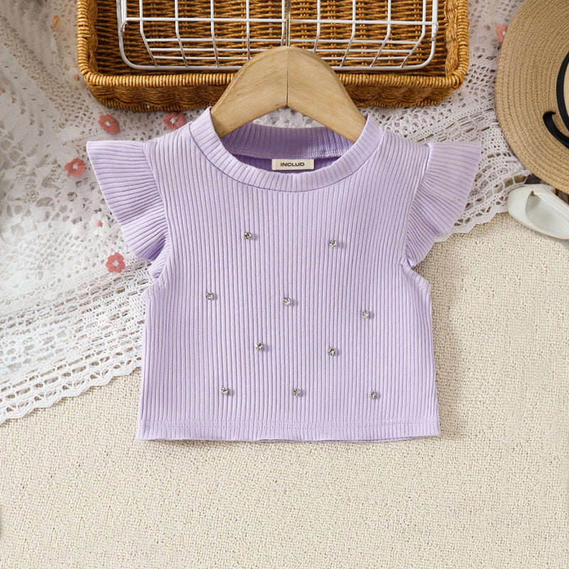 Girls Lilac Embellished Top With Floral Embroidered Denim Shorts Set Sets