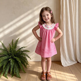 Girls Pink Embroidered Flutter Sleeve Dress Casual Dresses