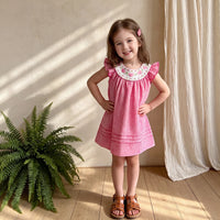 Girls Pink Embroidered Flutter Sleeve Dress Casual Dresses