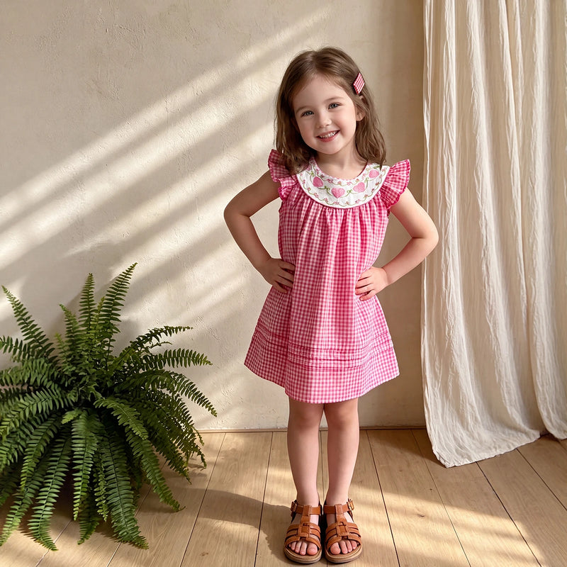 Girls Pink Embroidered Flutter Sleeve Dress Casual Dresses