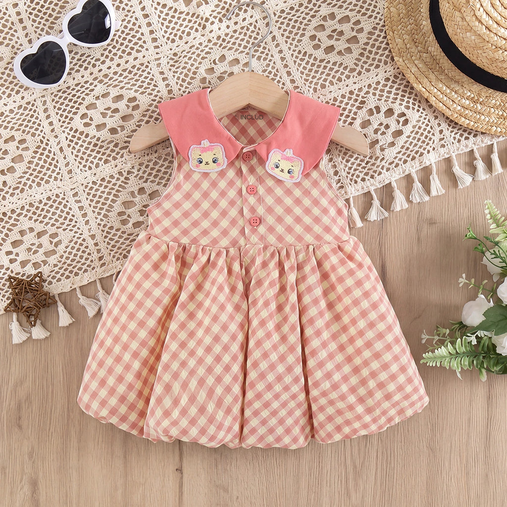 Girls Pink Sleeveless Checked Balloon Dress Casual Dresses Pink 1-2 Y