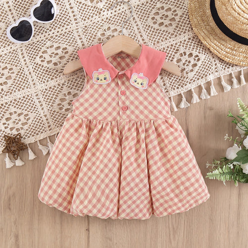 Girls Pink Sleeveless Checked Balloon Dress Casual Dresses Pink 1-2 Y