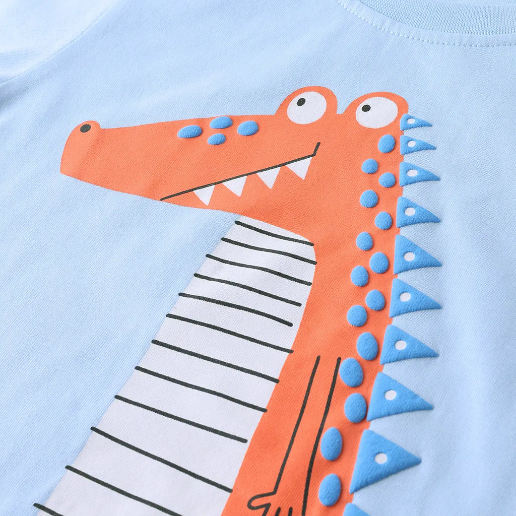 Boys Sky Blue Animal Graphics Short Sleeve T-Shirt With Striped Drawstring Shorts Sets Sets