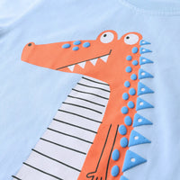 Boys Sky Blue Animal Graphics Short Sleeve T-Shirt With Striped Drawstring Shorts Sets Sets