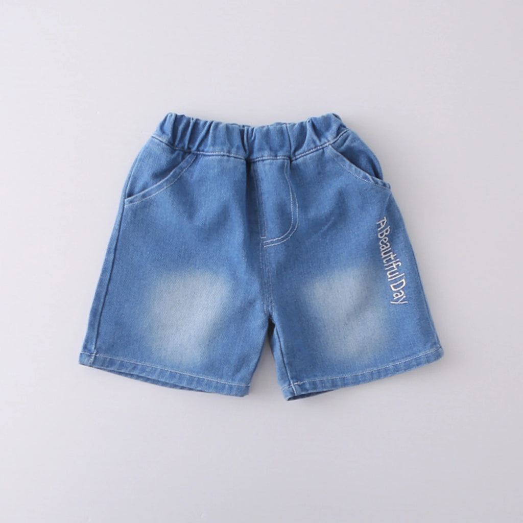 Boys Green Typographic Print T-Shirt With Denim Shorts Set Sets