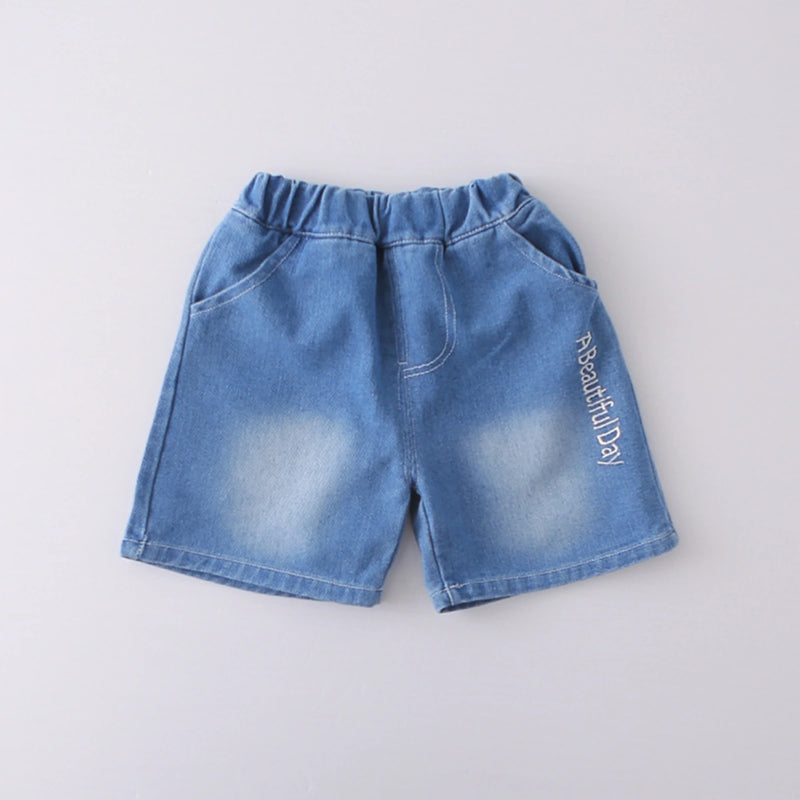 Boys Green Typographic Print T-Shirt With Denim Shorts Set Sets