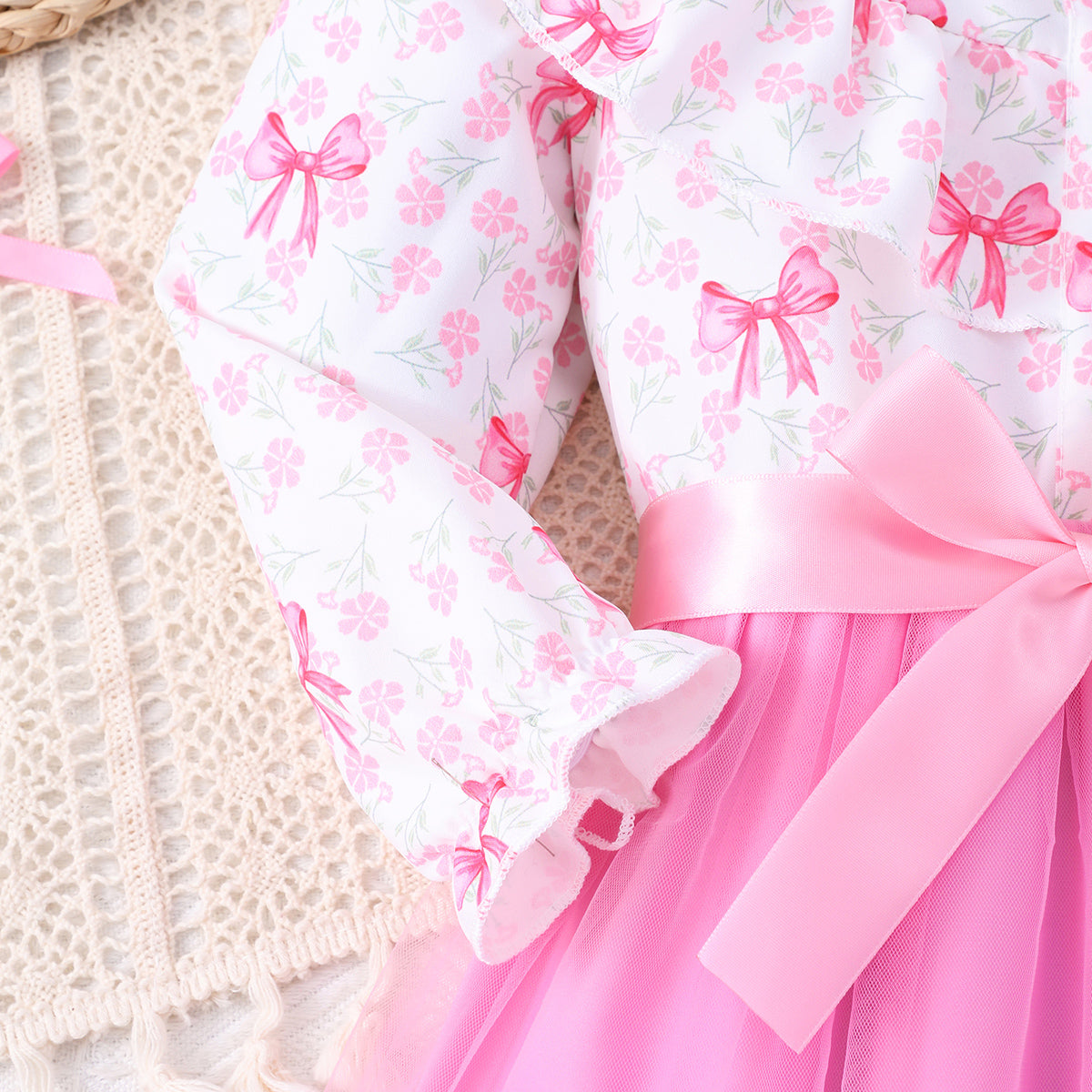Girls Pink Bow Printed Fit & Flare Winter Casual Dress Casual Dresses