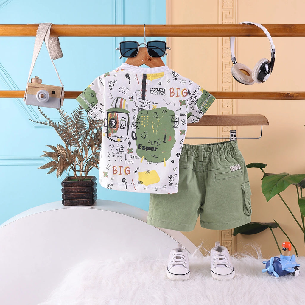 Boys Green Typographic Printed T-Shirt With Twill Shorts Sets 2 pc. Sets