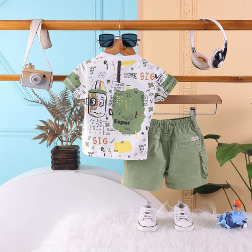 Boys Green Typographic Printed T-Shirt With Twill Shorts Sets 2 pc. Sets