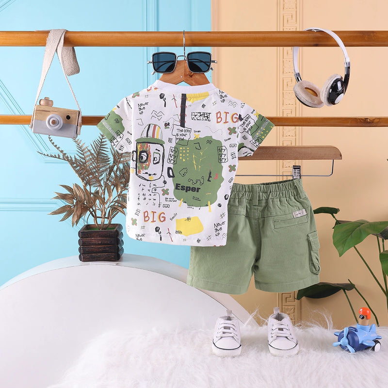 Boys Green Typographic Printed T-Shirt With Twill Shorts Sets 2 pc. Sets