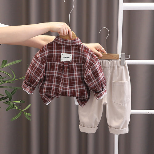Boys Red Long Sleeve Checked Oversized Shirt With Printed T-Shirt & Elasticated Pants Set Sets
