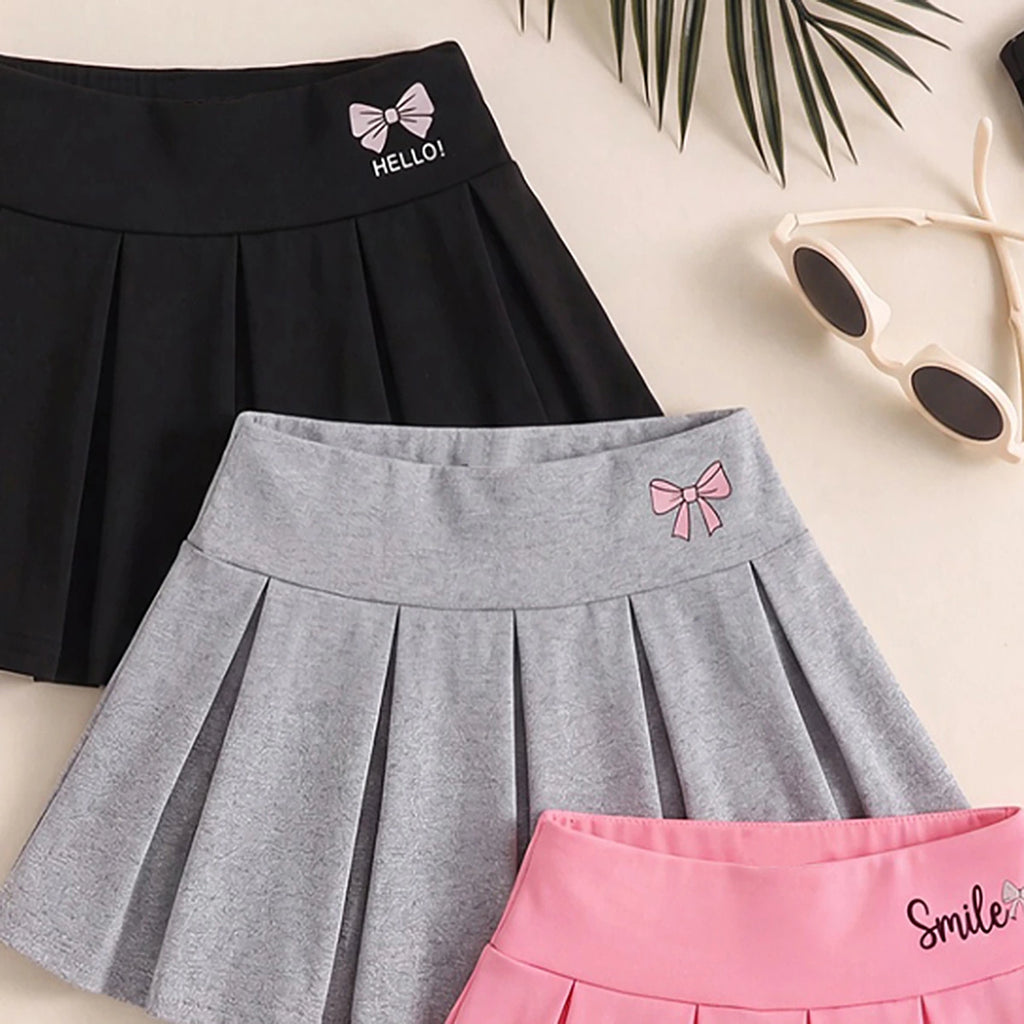 Girls Multicolor Bow Print Pleated Skorts Pack Of 3 Skirts