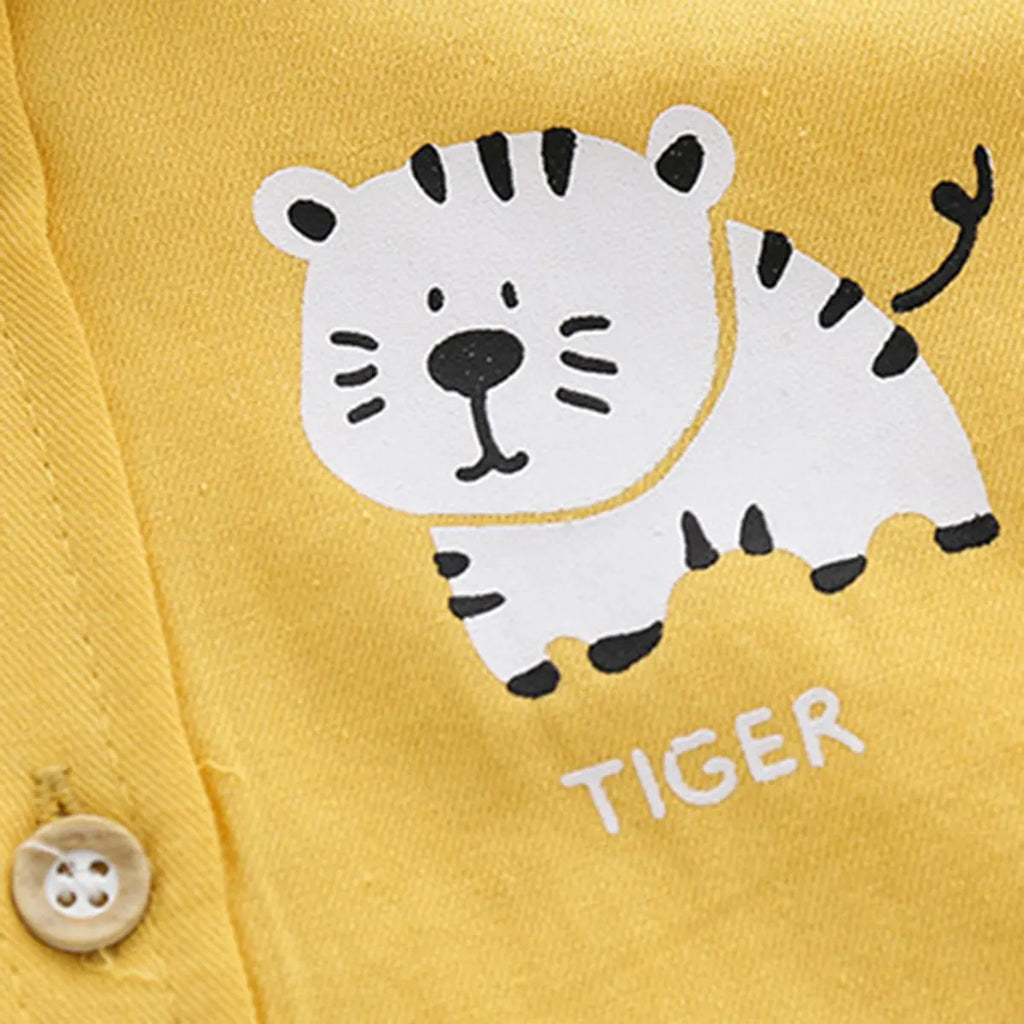 Boys Yellow Tiger Cartoon Printed Long Sleeves Shirts Shirts