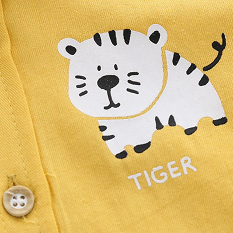 Boys Yellow Tiger Cartoon Printed Long Sleeves Shirts Shirts