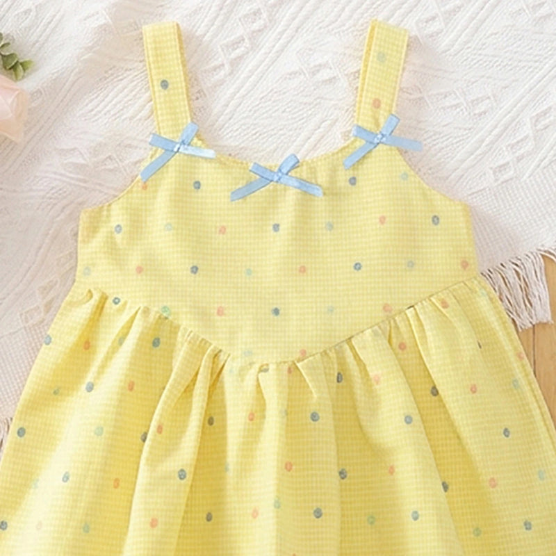 Girls Yellow Polka Dot Print Sleeveless Balloon Dress Casual Dresses