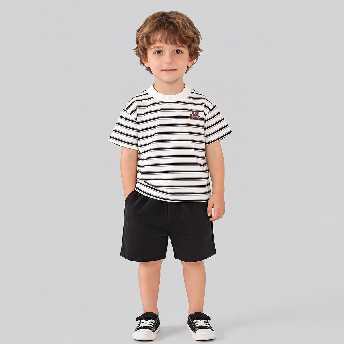 Boys Black Striped Short Sleeve T-Shirt With Shorts Sets 2 pc. Sets Black 1-2 Y