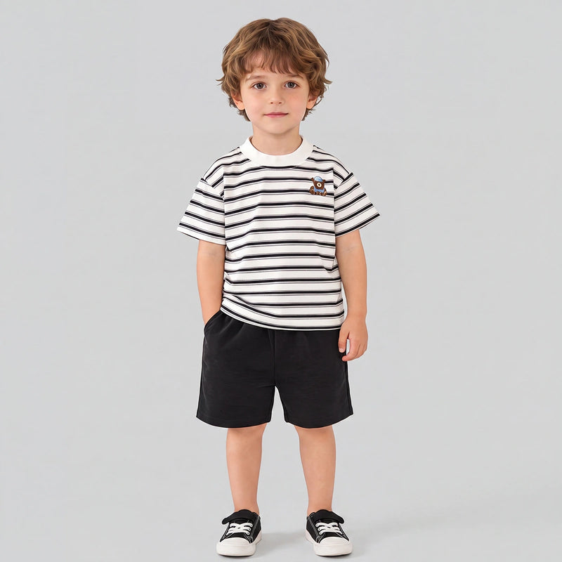Boys Black Striped Short Sleeve T-Shirt With Shorts Sets 2 pc. Sets Black 1-2 Y