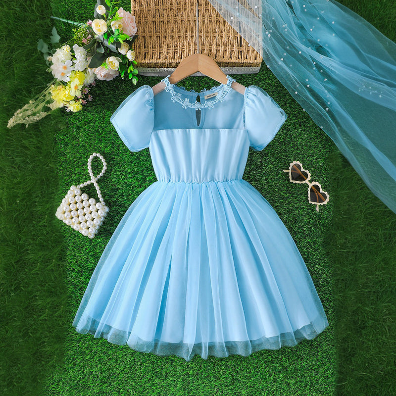 navy blue bridal dresses Girls Sky Blue Short Sleeves Round Neck Party Wear Dress – INCLUD