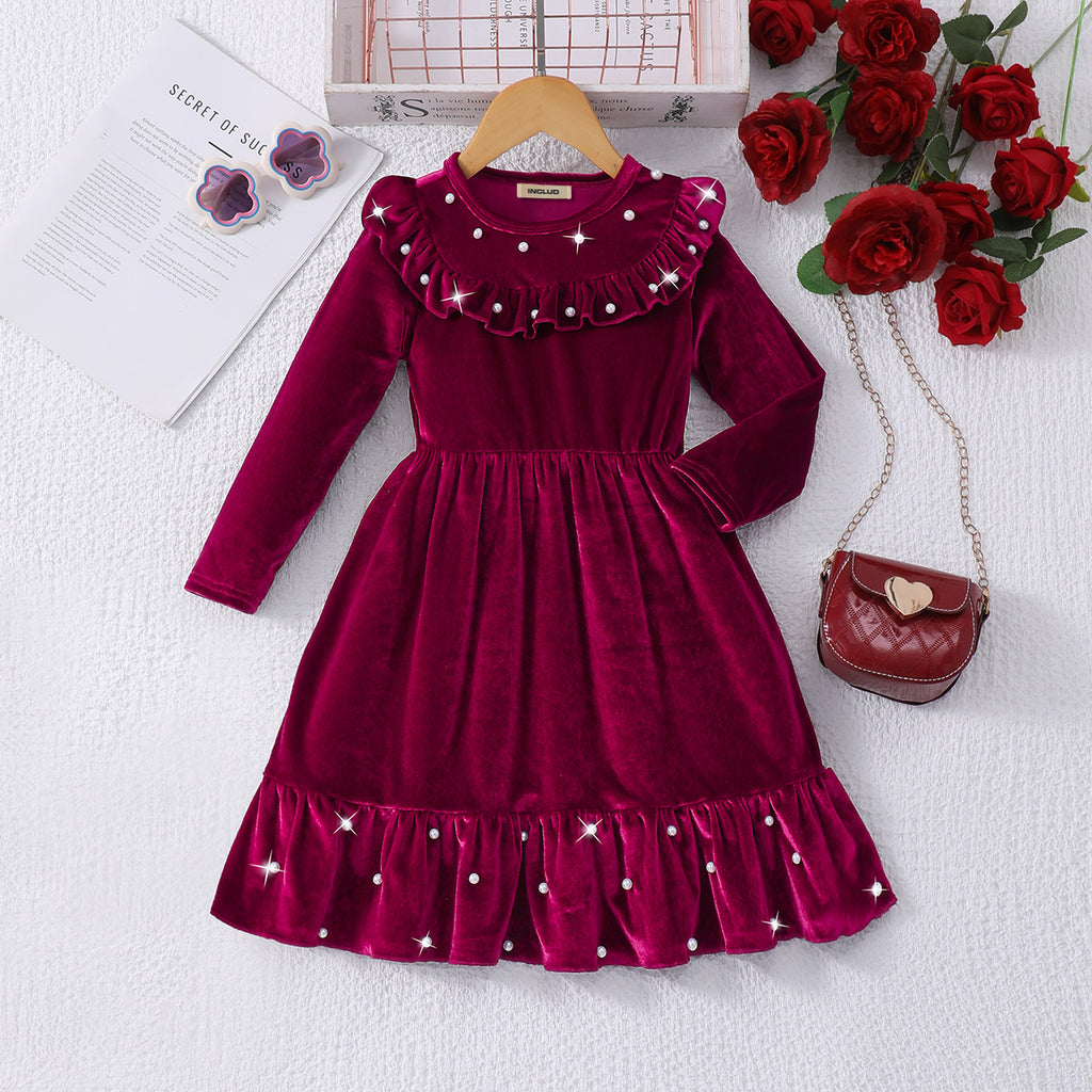 Girls Maroon Solid Velvet Beaded Fit & Flare Dress Casual Dresses Maroon 2-3 Y
