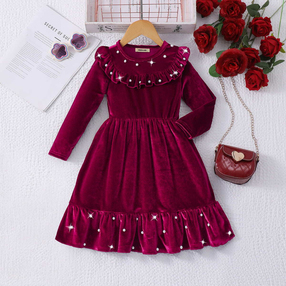 Girls Maroon Solid Velvet Beaded Fit & Flare Dress Casual Dresses Maroon 2-3 Y