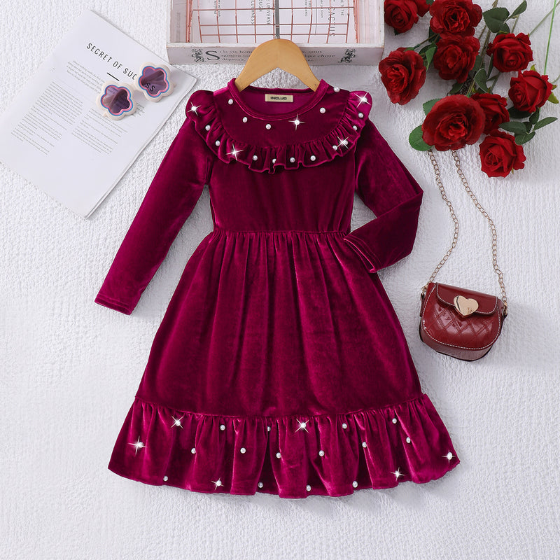 Girls Maroon Solid Velvet Beaded Fit & Flare Dress Casual Dresses Maroon 2-3 Y