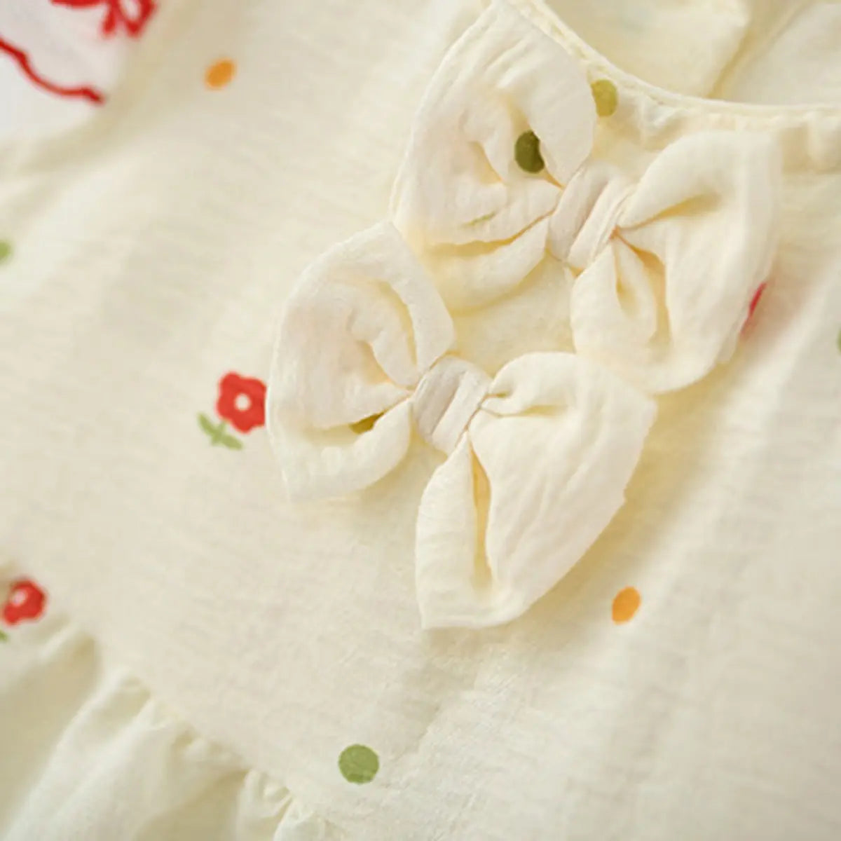 Girls Cream Polka Dot Print Fit & Flare Dress With Bunny Embroidery Casual Dresses