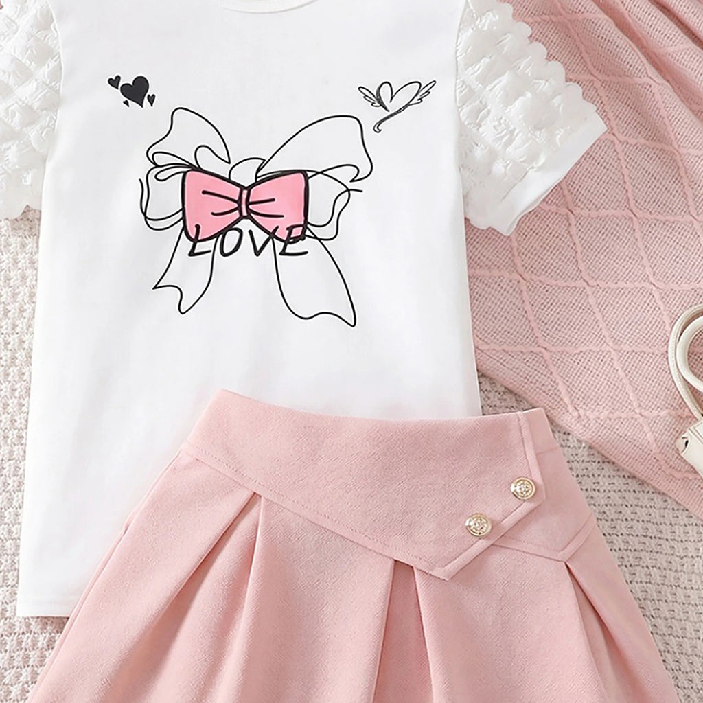 Girls White Bow Print Puff Sleeve T-Shirt With Skirt Sets 2 pc. Sets