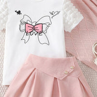 Girls White Bow Print Puff Sleeve T-Shirt With Skirt Sets 2 pc. Sets