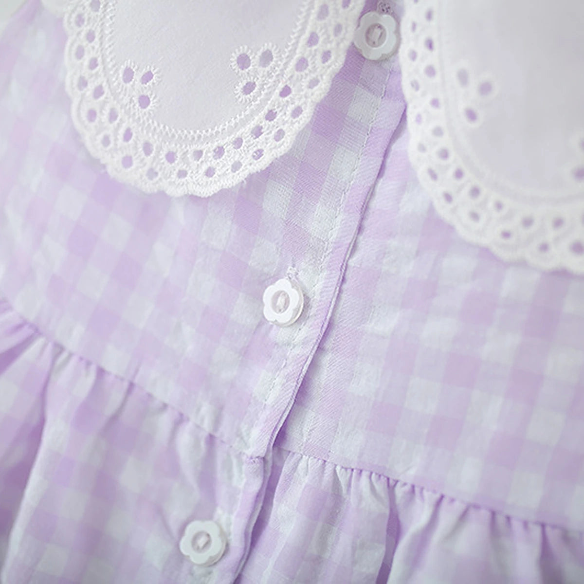 Girls Purple Checked Eyelet Peter Pan Collar Dress With Hat Casual Dresses