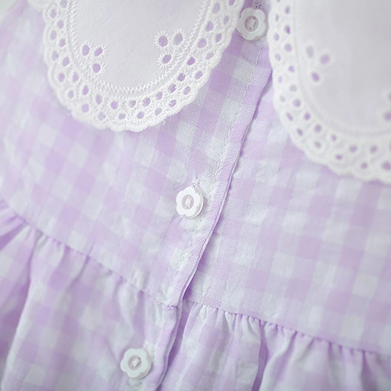 Girls Purple Checked Eyelet Peter Pan Collar Dress With Hat Casual Dresses