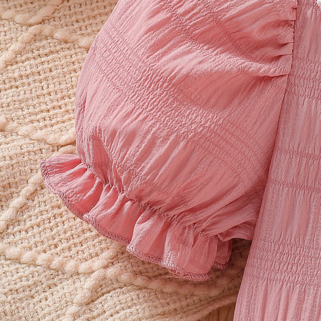 Girls Pink Textured Puff Sleeve Fit & Flare Dress Casual Dresses