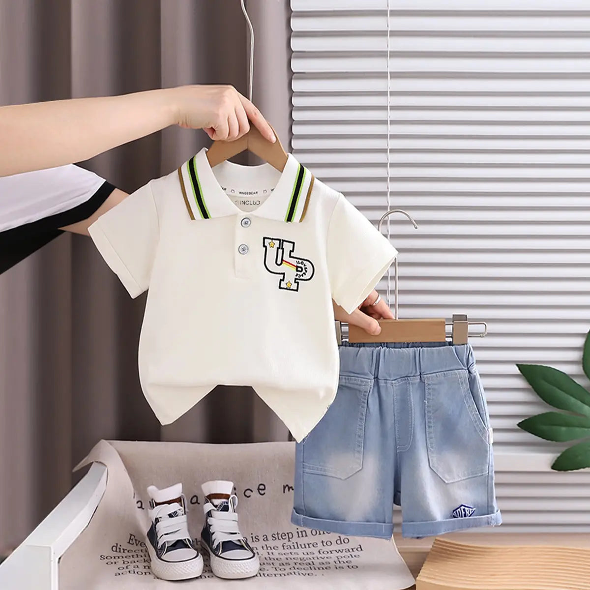Boys Off White Typographic Short Sleeve Polo T-Shirt With Denim Shorts Sets 2 pc. Sets Off White 1-2 Y
