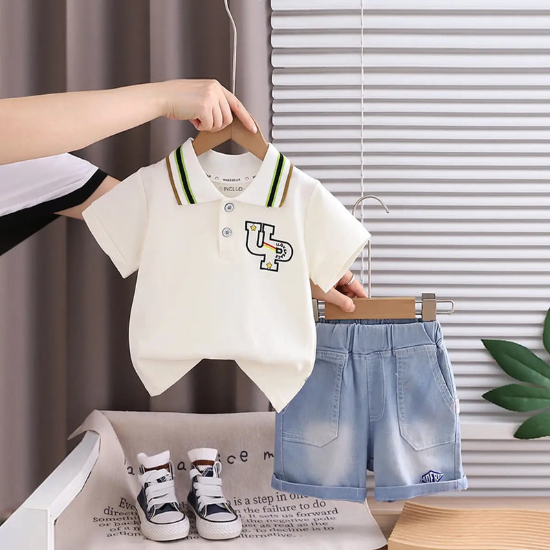 Boys Off White Typographic Short Sleeve Polo T-Shirt With Denim Shorts Sets 2 pc. Sets Off White 1-2 Y