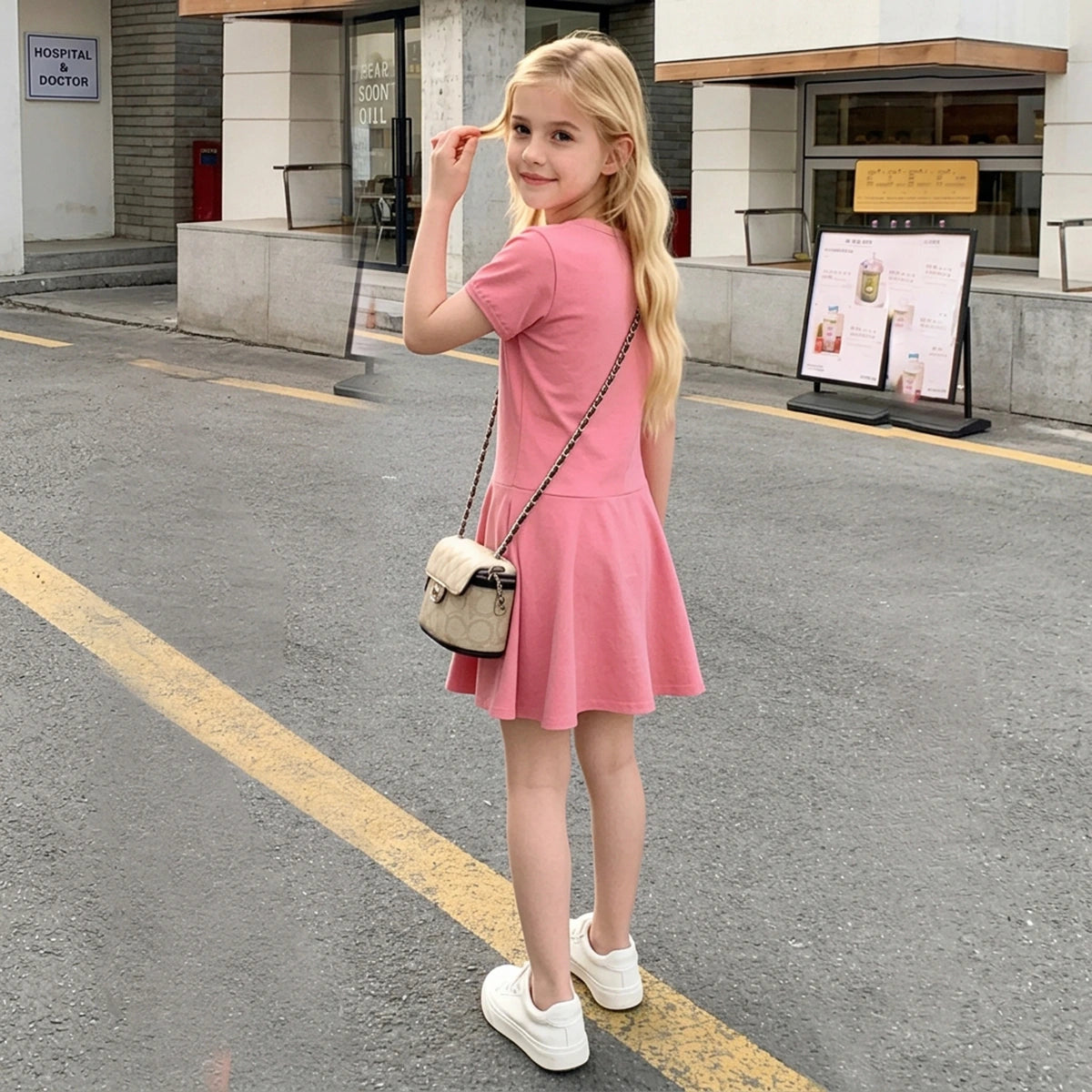 Girls Pink Bow Graphic A-Line Dress With Short Sleeves Casual Dresses