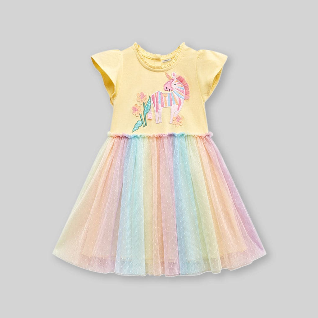 Girls Unicorn Patch with Multicolored Tulle Fit & Flare Dress Casual Dresses   