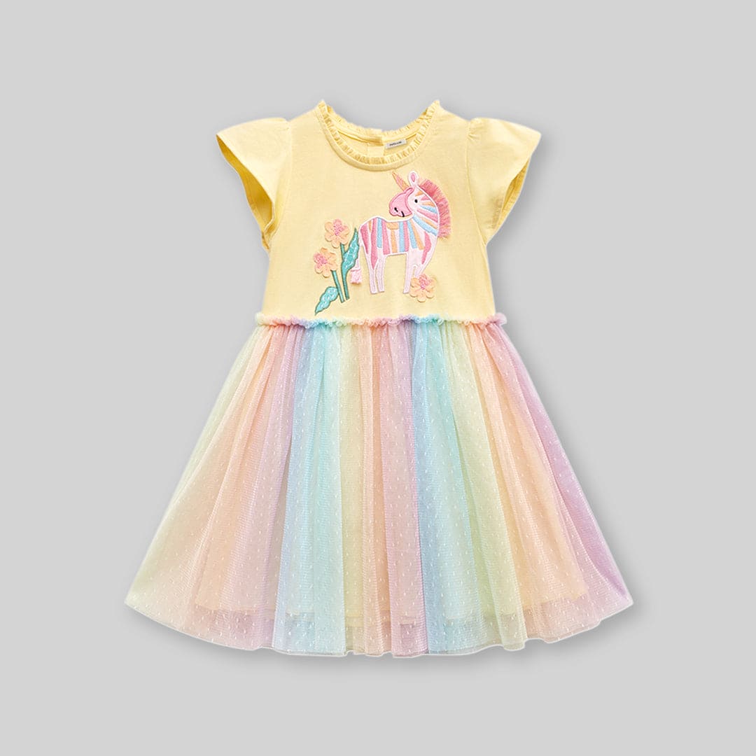 Girls Unicorn Patch with Multicolored Tulle Fit & Flare Dress Casual Dresses   