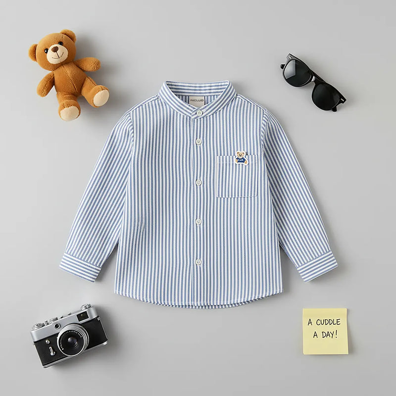 Girls Light Blue Stripes Long Sleeves Shirts With Mandarin Collar Shirts Light Blue 1-2 Y