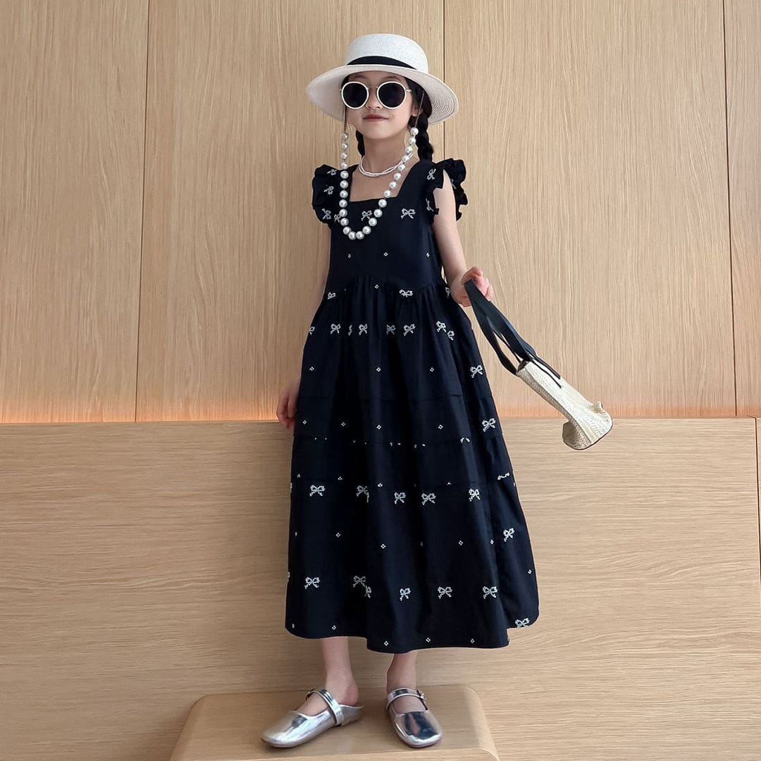 Girls Bow Print Flared Sleeves Fit & Flare Dress Casual Dresses   
