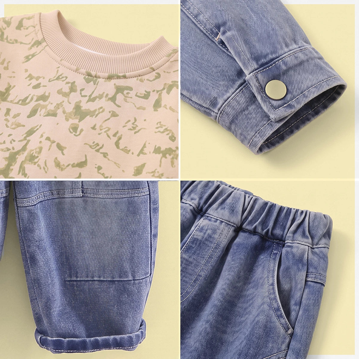 Boys Beige Abstract Print Sweatshirt With Denim Pants Sets 2 pc. Sets