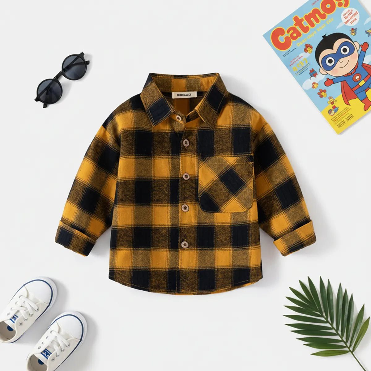 Boys Yellow Checked Flannel Long Sleeves Shirts Shirts Yellow 1-2 Y