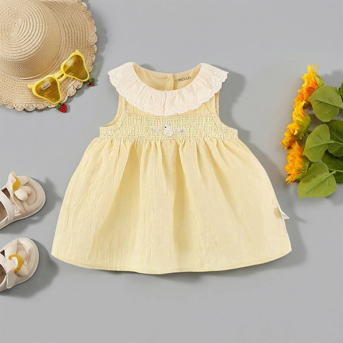Girls Yellow Embroidered Fit & Flare Casual Dress Casual Dresses