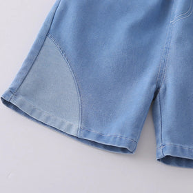 Boys Sky Blue Bear Printed Polo T-Shirt With Denim Shorts Set Sets