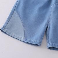 Boys Sky Blue Bear Printed Polo T-Shirt With Denim Shorts Set Sets