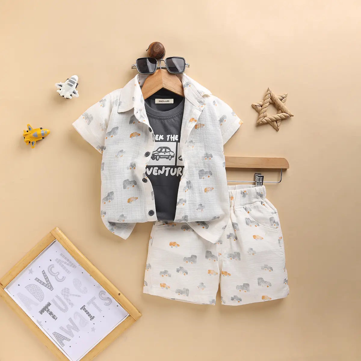 Boys Off White Car Graphics Shirt With T-Shirt & Shorts Sets 3 pc. Sets Off White 9-12 M