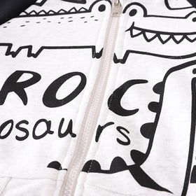 Boys White Dinosaur Printed Zipper Jacket with T-shirt & Joggers Set Sets