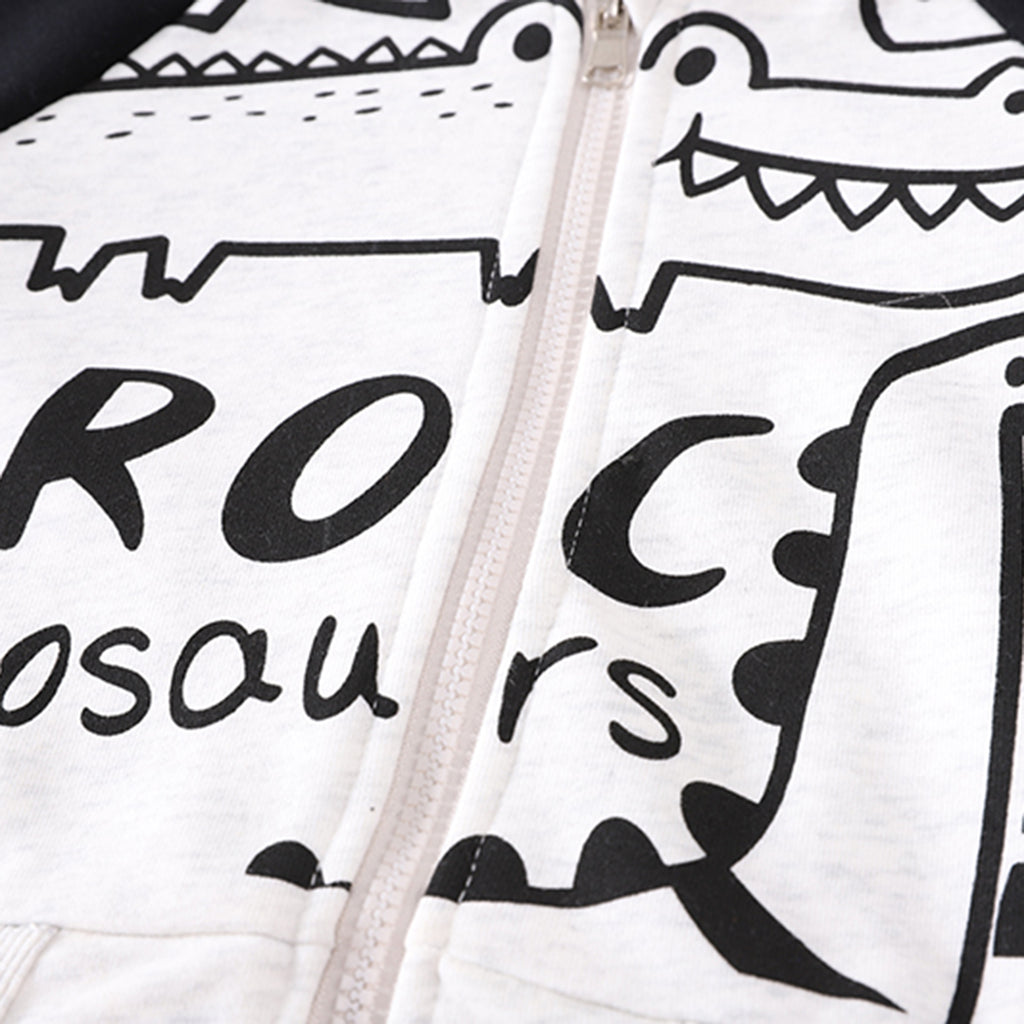 Boys White Dinosaur Printed Zipper Jacket with T-shirt & Joggers Set Sets
