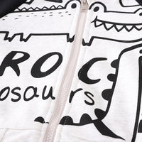 Boys White Dinosaur Printed Zipper Jacket with T-shirt & Joggers Set Sets