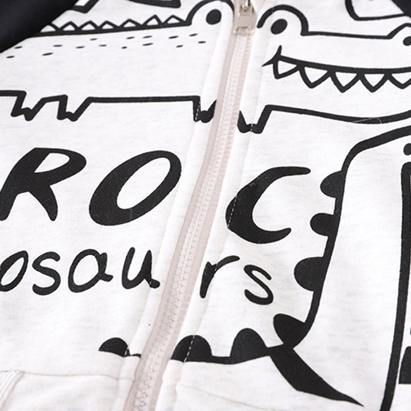 Boys White Dinosaur Printed Zipper Jacket with T-shirt & Joggers Set Sets