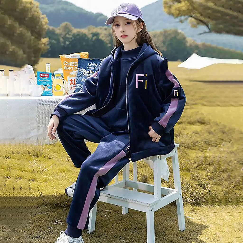 Girls Navy Blue Fi Letters Printed Sweatshirt With Hooded Vest & Jogger Co-ord Sets Sets
