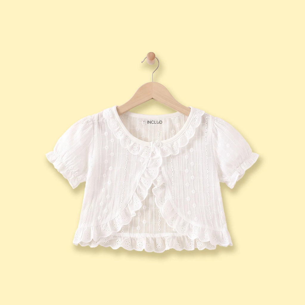 Girls White Schiffli Embroidered Short Sleeve Shrug Tops White 3-4 Y